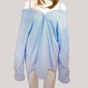 Know One Cares off Shoulder Stipe Button up Poplin Unique Women's Shirt